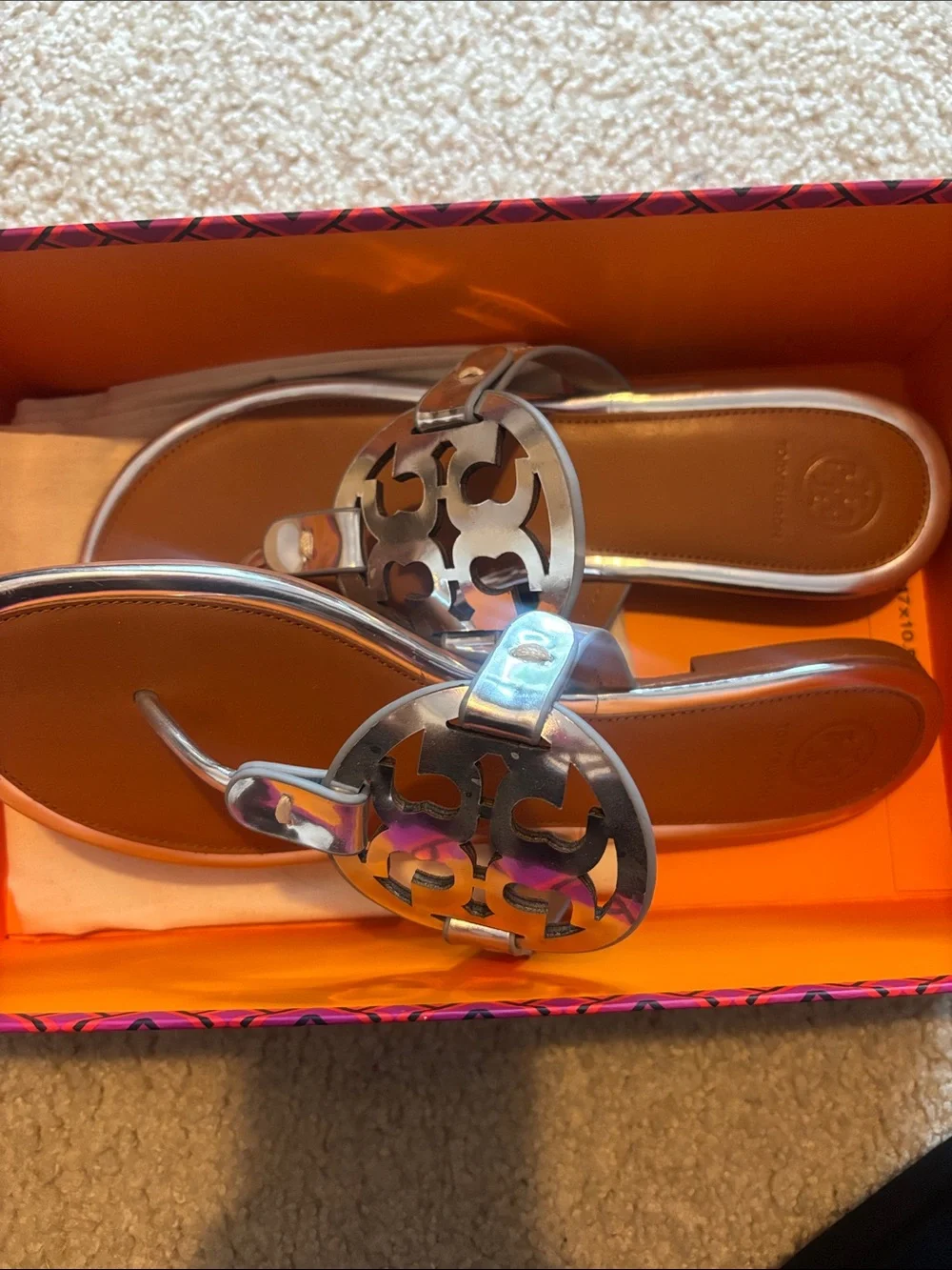 Tory Burch Silver Logo Miller Thong Sandals with Tan Footbed